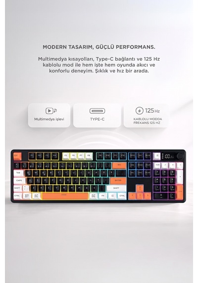 Oyuncu Klavyesi Rgb Işıklı Dijital Ekranlı 3 Modlu Mekanik Hisli Kablosuz Klavye Tk14