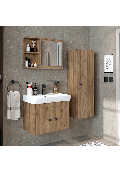 Ada Lavabolu Banyo Alt Dolabı + Banyo Üst Dolabı + Banyo Boy Dlp Atlantik Çam