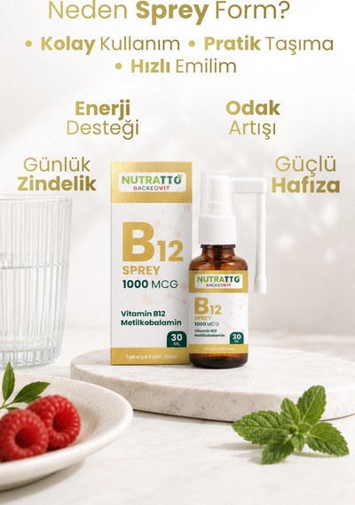 Nutratto B12 Sprey Vitamin B12 1000 Mcg Metilkobalamin Takviye Edici Gıda 30 Ml