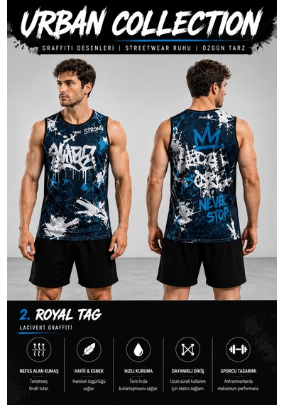 Beydex Erkek Nem Emici Hızlı Kuruma Urban Collection Sporcu Sıfır Kol T-shirt Gym Mavi