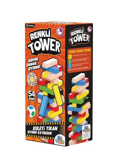 Tower Renkli Jenga Büyük Boy Doğal Ahşap Denge Oyunu Kule Oyunu Tower 54 Adet