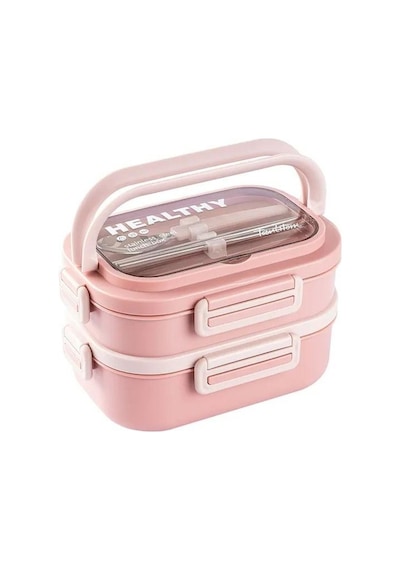 Tantitoni Pembe Paslanmaz Çelik 2 Katlı Chopstıck Ve Kaşıklı Yemek Taşıma Kabı 1.65l