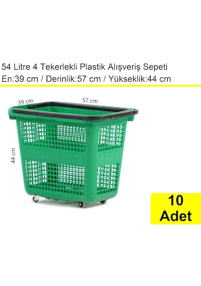 4 Tekerlek Plastik Alışveriş El Sepeti 54 Litre Yeşil 10 Adet / En:42 Boy:54 Yükseklik:44 Cm