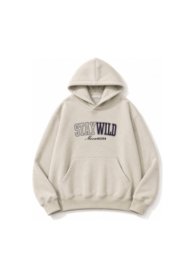 Herkesemoda Stay Wild Baskılı Kanguru Cepli Oversize Sweatshirt Bej