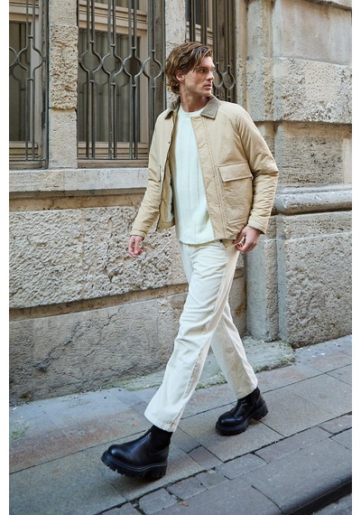 Danger Kontrast Yakalı Su Geçirmez Kapitone Bej Ceket Mont Bej