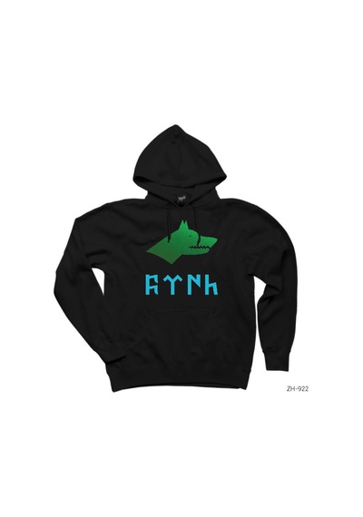 Göktürkçe Türk Kurtlu Mavi Yeşil Siyah Kapşonlu Sweatshirt Hoodie