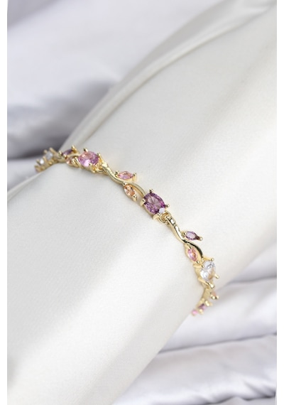 Pirinç Gold Renk Pembe Ve Mor Zirkon Taşlı Çiçek Model Kadın Bileklik Çok Renkli
