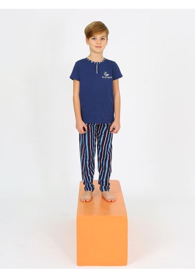 Vitmo Erkek Çocuk Kısa Kollu %100 Pamuklu Düğme Detaylı Wave Pijama Takımı İndigo