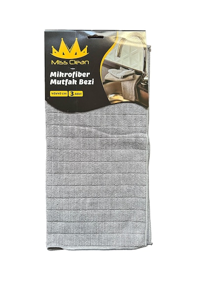 Miss Clean Mikrofiber Kareli Yüzey Cam Temizlik Bezi 40x40 Cm Süper Emici - Gri - 3'lü 3 Paket