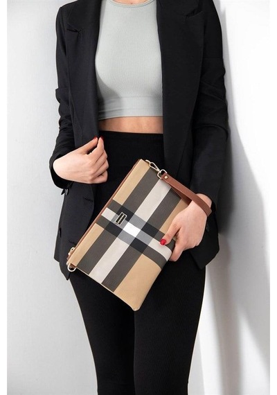 Silver Polo Sp1034 Kadın Portföy & Clutch Ekose Bej-taba