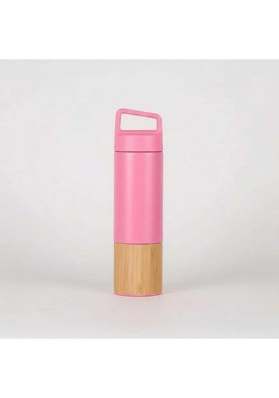 600 Ml Bambu Tabanlı Kulplu Çelik Termos Mug - 5 Renk Seçenekli Sıcak/soğuk Tutucu Seyahat Bardağı Pembe Çok Renkli