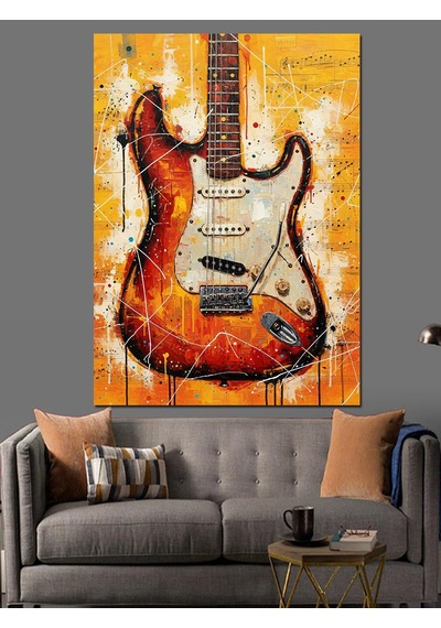 Ahşap Tablo Kırmızı Gitar Alev Desenleri İnsan Figürlü Tablolar