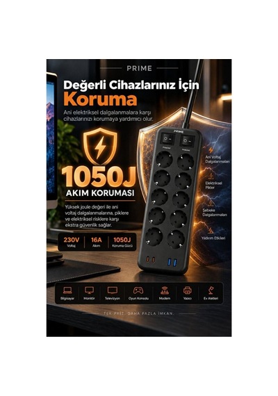 10 Lu Akım Korumalı Grup Priz 3680w, 2 Usb-c + 2 Usb-a, 1050j, 2 Metre Kablo 0 - 2 M