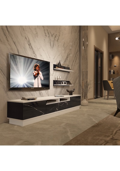 Decoraktiv Trendstyle 220rs Mdf Tv Ünitesi Tv Sehpası Beyaz - Siyah Mermer