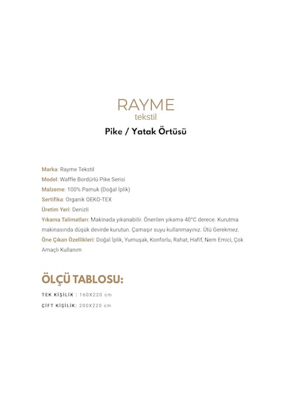 Tr 100% Pamuk Pike Çift Kişilik, Waffle Bordür Desenli Yatak Örtüsü, Hafif Yazlık Pike, Denizli Üretimi Kaliteli Diğer