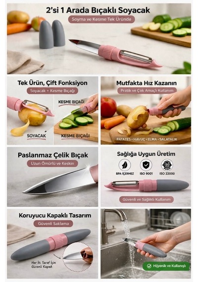 2 Si 1 Arada Bıçaklı Soyacak,sebze Meyve Soyucu+kesme Bıçağı,bpa Free,kapaklı Güvenli Tasarım Pembe