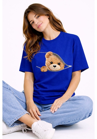 Fermuarlı Ayıcık Baskılı Kadın Tişört Oversize Sevimli Teddy Bear Lacivert