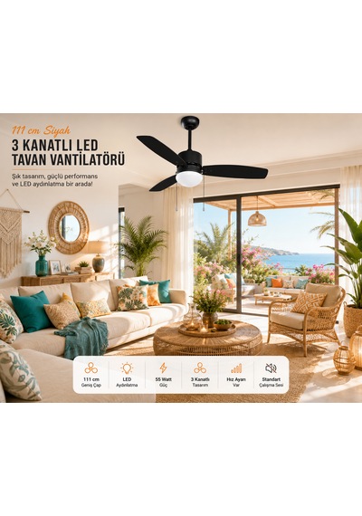 111 Cm Siyah 3 Kanatlı Led Tavan Vantilatörü 55 Watt Hız Ayarlı Modern Tasarım