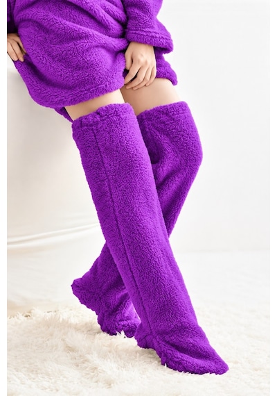 Mulberry Wellsoft Peluş Diz Üstü Ev Çorabı Uzun Çorap Mor