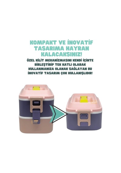 Bento 1000ml Lunchbox 2 Katlı 3 Bölmeli Paslanmaz Çelik Sefer Tası Yemek Kutusu Pembe-mor Çok Renkli