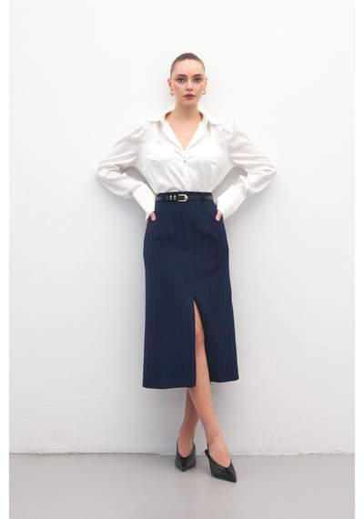 Sateen Anna Yırtmaçlı Etek - Lacivert-137175 Lacivert