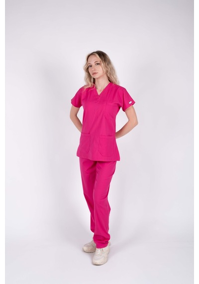 Fuşya Likralı Kadın Hemşire Ve Doktor Forması Takımı Scrubs Hastane Üniforması Pembe