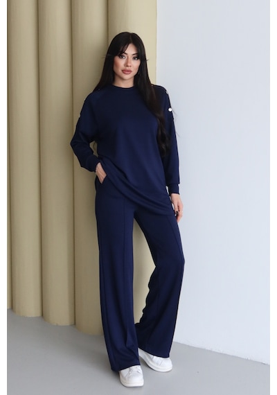 Balenbi Omuz Çıtçıt Detaylı Bisiklet Yaka Oversize Modal Tesettür Takım 1178 Lacivert