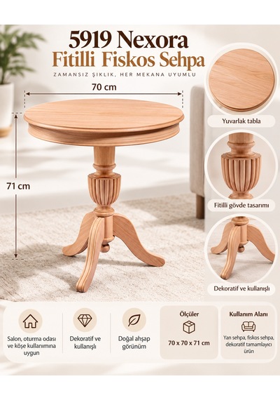Mmb-trade Nexora Living 5919 Fitilli Fiskos Sehpa Yuvarlak Ahşap Görünümlü Dekoratif Yan Sehpa, Klasik Salon Sehpası 70x70x71 Cm Mmbz Çok Renkli