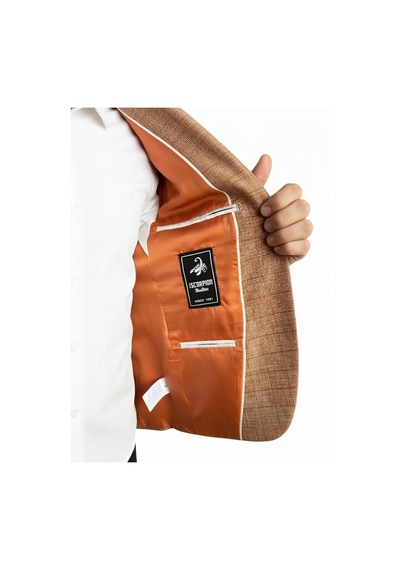 Plus Scorpion Ekoseli Slim Fit Erkek Blazer Ceket Şık Modern Tasarım, Tek Düğmeli Kiremit