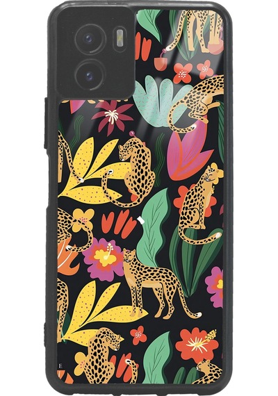 Vivo Y15s Çiçekli Kediler Tasarımlı Glossy Telefon Kılıfı Siyah