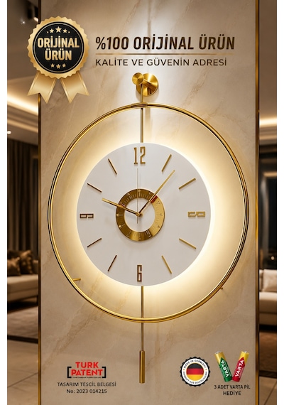 MetaQuartz Aksesuar İskandinav Kadran Gold Büyük Boy 50 x 75 CM 3 Adet Pil Metal (Mobilya) Duvar Saati Gold