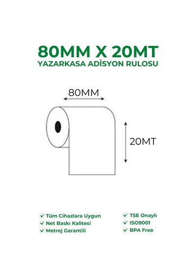 80x20 Termal Rulo Yazarkasa Adisyon Rulosu 1 Paket 10 Adet Tse Belgeli Bpa Free