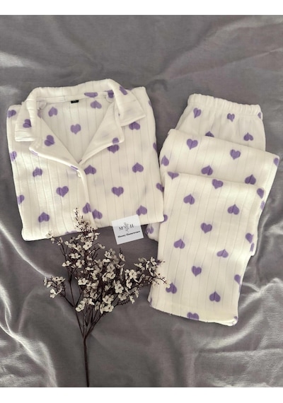 Mh Moony Homewears Yalaza Lila Kalpli Kışlık Termal Polar Kumaş Pijama Takımı Fantastic Lila