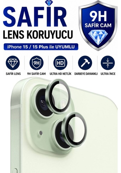 Apple iPhone Uyumlu  15 / 15 Plus Yeşil Metal Kamera Lens Koruyucu Safir Cam Ultra Net Hd