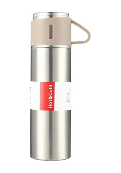 Paslanmaz Çelik 3 Bardaklı Vakumlu Termos Set 500 Ml, 12 Saate Kadar Isı Koruma Termos Metalik