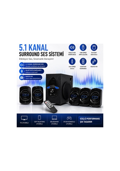 Ts-52 Ses Sistemi 5.1 Kanal Bluetooth Fm Radyo Sd Kart Ve Usb Girişli 5+1 Ev Sinema Sistemi Uzaktan Kumandalı Hoparlör