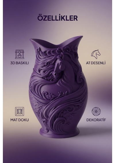 At Desenli Dekoratif Vazo Mat Dokulu Çiçeklik Modern Ev Ofis Masa Raf Salon Süs Aksesuarı 15x10 Cm Mor