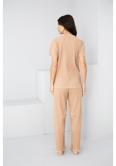 Siyah İnci Mevsimlik İnce Fiyonklu Pijama Takım7879 Sütlü Kahve