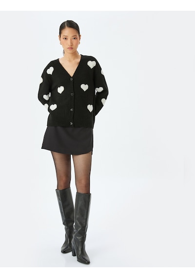 Koton Uzun Kollu V Yaka Kalpli Triko Hırka Siyah 5wak90664ht Siyah