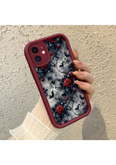 Apple Phone  11 Uyumlu Darbeye Dayanıklı  Kamera Korumalı Bordo Silikon Baskı Desenli Kılıf