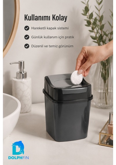 Girdap Kapaklı Çöp Kovası 2 Litre Siyah Kompakt Masaüstü Banyo Ofis Çöp Kutusu