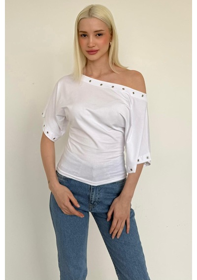 Madmext Beyaz Off Shoulder Metal Detaylı Kadın Bluz Mg2671 Beyaz