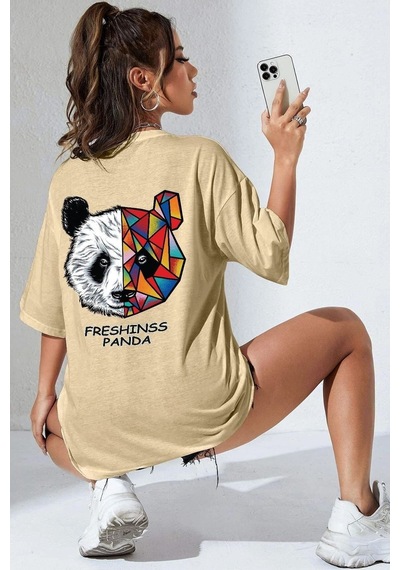 Unisex Panda Baskılı Tasarım T-shirt Bej