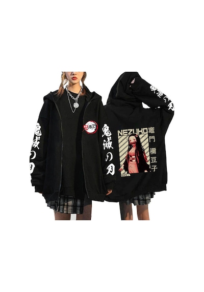 Tarzsokak Manga Baskılı Fermuarlı Sweatshirt Demon Slayer Mod.23 14550 Siyah