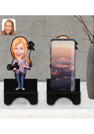 Kişiye Özel Kadın Fotoğrafçı Karikatürlü Ahşap Biblo Telefon Stan