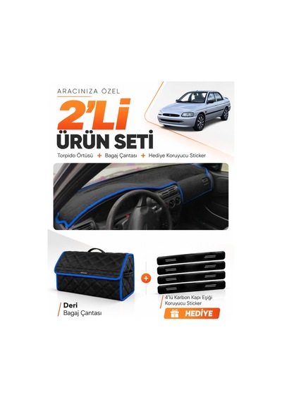 E-biz Ford Escort 1996-2002 Uyumlu Torpido Örtüsü + Deri Bagaj Çantası Seti - Siyah-mavi - Fo014