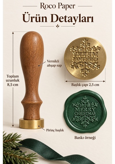 Yılbaşı Temalı Ahşap Saplı Pirinç Mum Mührü - 2.5 Cm Çap, Kar Des Çok Renkli