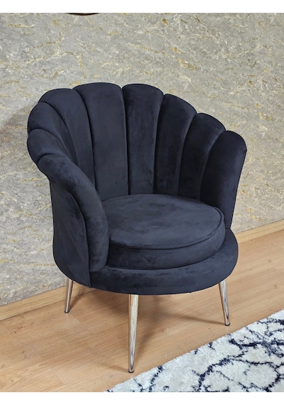 Zafir Tekli İstiridye Krom Kaplama Sivriltme Ayak Çay Seti Koltuk Tekli Berjer , Balkon, Salon, Ofis Siyah