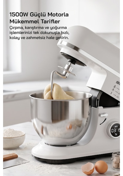 Smx-2773 / Beyaz / Dijital Ekranlı Zaman Ayarlı Stand Mikser / 7.5 Litre / 1500w