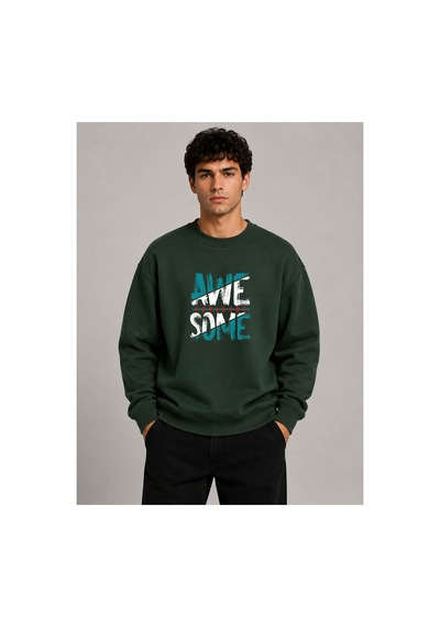 Herkesemoda Awesome Baskılı Bisiklet Yaka Şardonlu 2 İplik Sweatshirt Yeşil